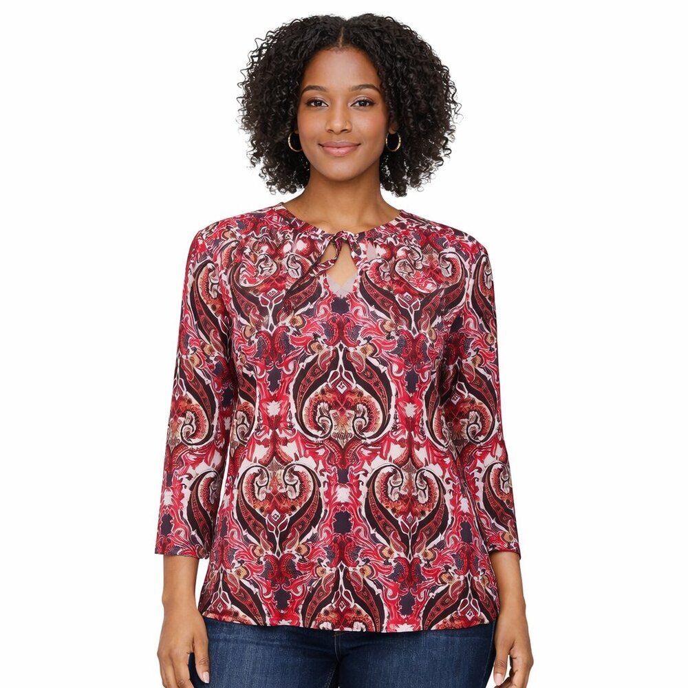 Jones Studio Red Paisley Print Blouse | Keyhole Neck | Size XS